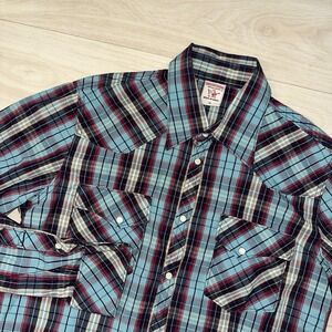 True Religion Men's XL Button Up Shirt Blue Plaid Pearl Snap Western Pockets